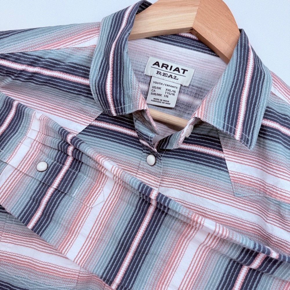 Ariat Western Snap Shirt Kids XXL 16 Blue Pink Striped Cowgirl Rodeo Shirt